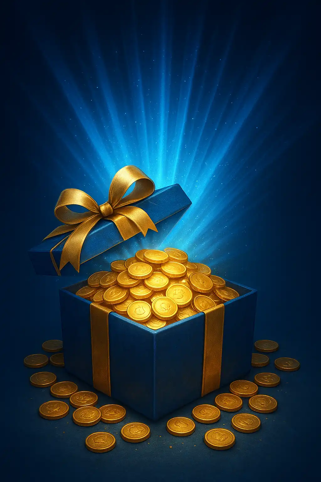 Glowing gift box overflowing with gold coins and sapphire light rays
