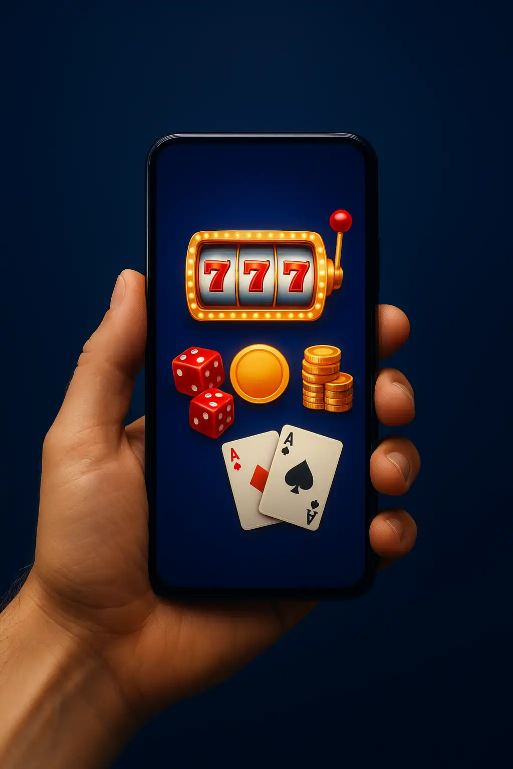 Smartphone displaying a casino app interface glow against a navy sapphire backdrop