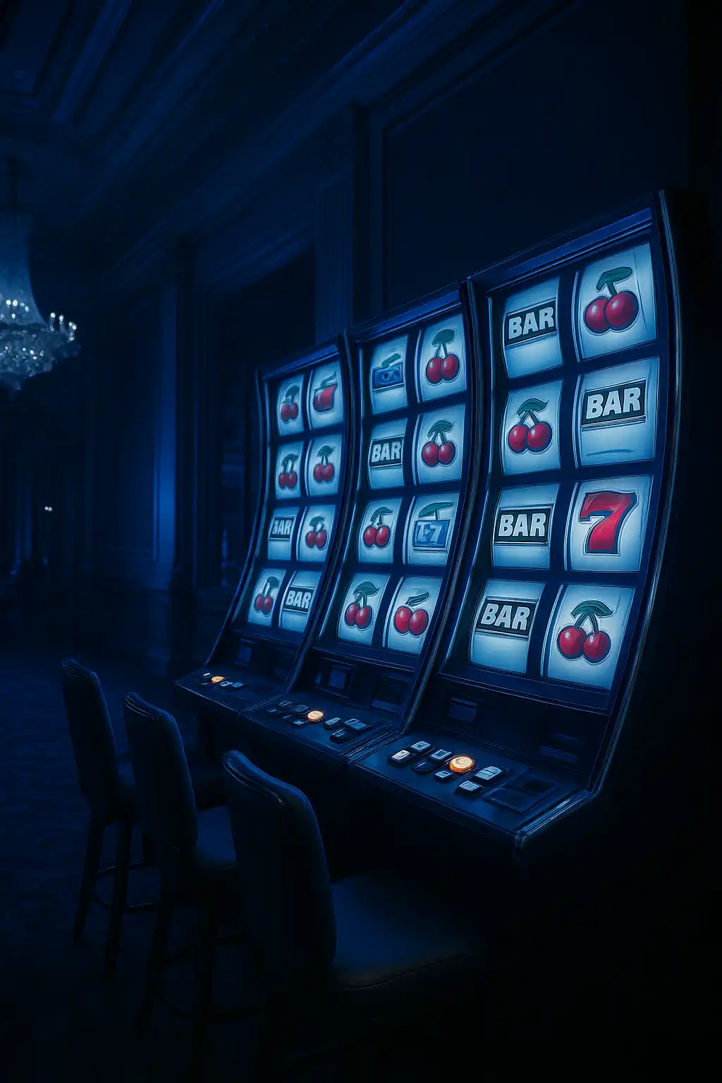 Glowing wall of slot machine reels in a navy and silver casino hall